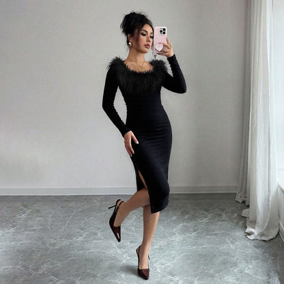 Damen Midi-Kleid mit Federverzierung und seitlichem Schlitz