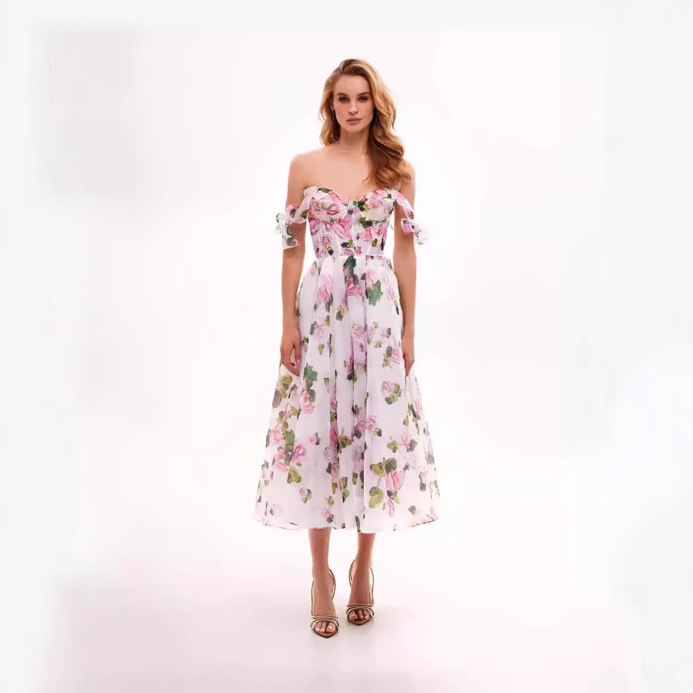Damen Schulterfreies Blumenkleid Norvielle