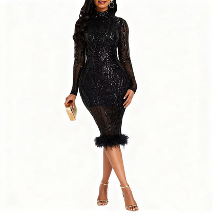 Damen Pailletten-Cocktailkleid mit Ärmeln und Federn Norvielle