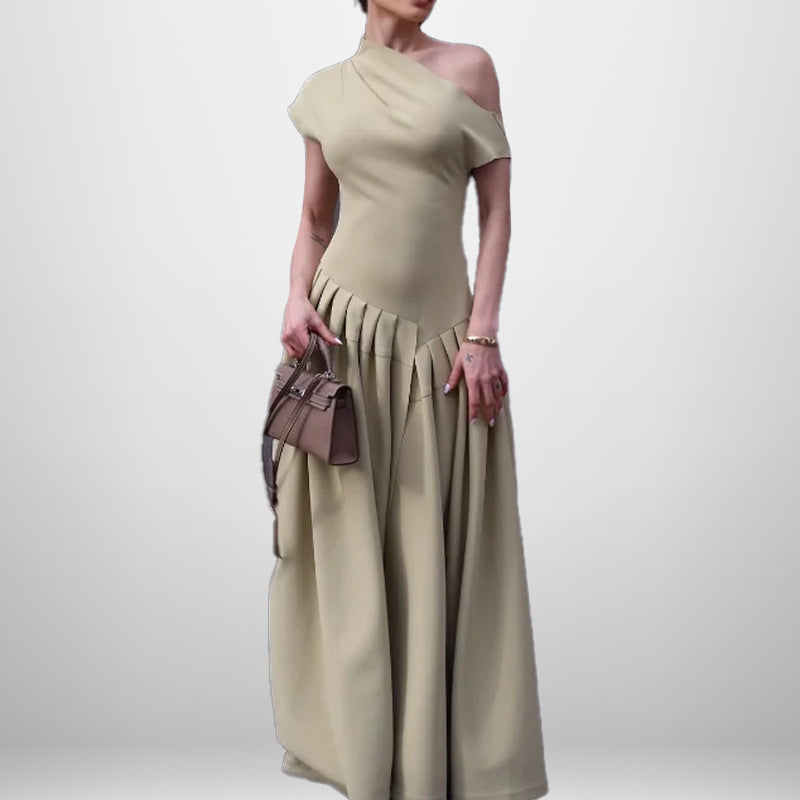 Damen One-Shoulder Maxikleid Faltenwurf Fließender Rock Norvielle