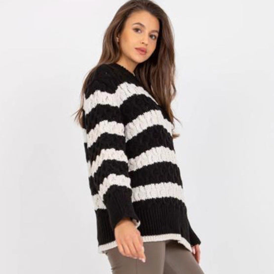 Damen Strickpullover Gestreift Voluminöse Ärmel Einzigartiges Muster