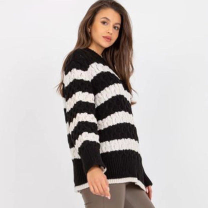 Damen Strickpullover Gestreift Voluminöse Ärmel Einzigartiges Muster