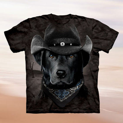 Damen T-Shirt Hundemotiv Cowboyhut Baumwolle Weiß
