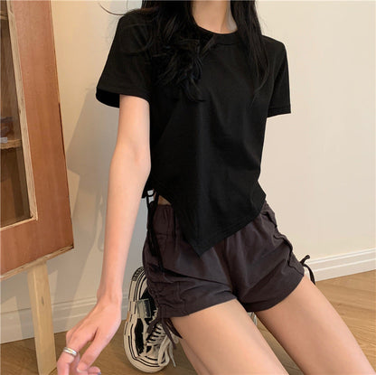 Damen Crop- Asymmetrisch Locker Baumwolle Weiß