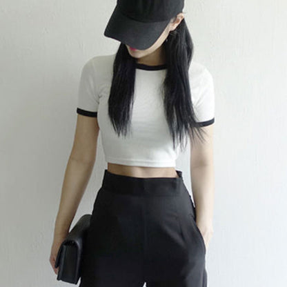 Damen T-Shirt Cropped Baumwolle Lässig Weiß - Norvielle