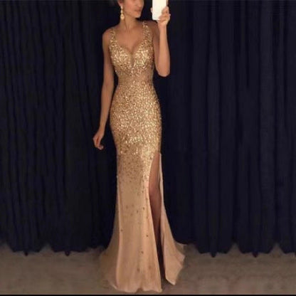 Damen Abendkleid mit Pailletten und tiefem Schlitz
