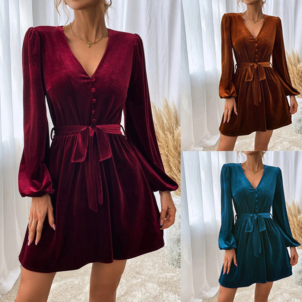 Damen Samtkleid V-Ausschnitt Taillengürtel Norvielle - Norvielle