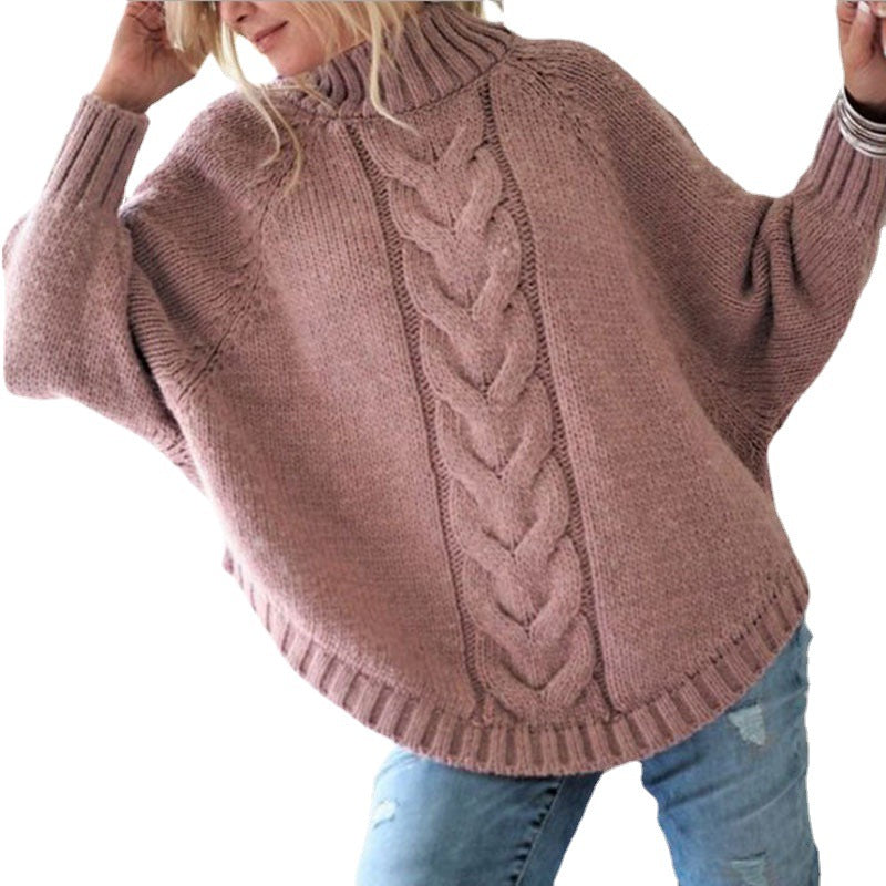 Damen Strickpullover mit hohem Kragen und Zopfmuster