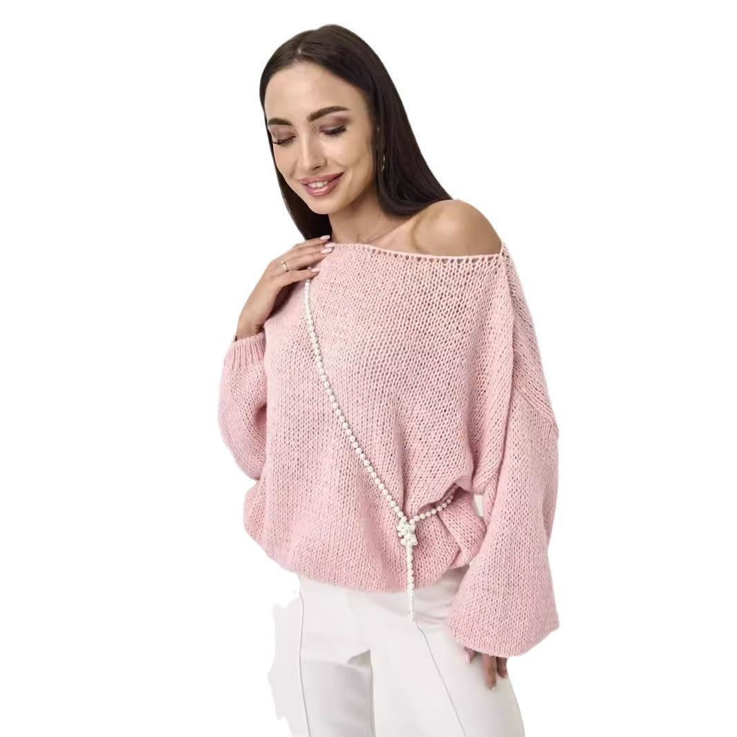 Damen Grobstrickpullover Weite Ärmel Rundhalsausschnitt Beige