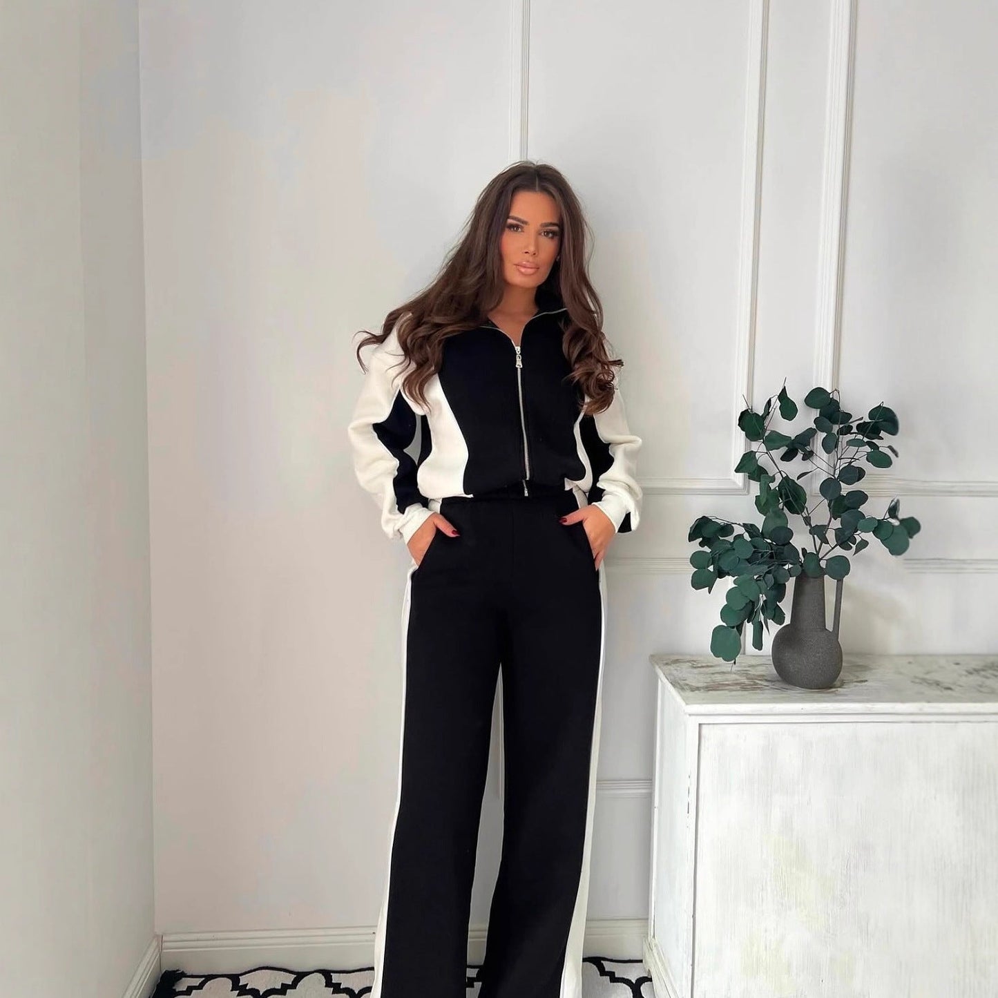 Damen Sportliches Loungewear-Set Hochkragen Kontraststreifen