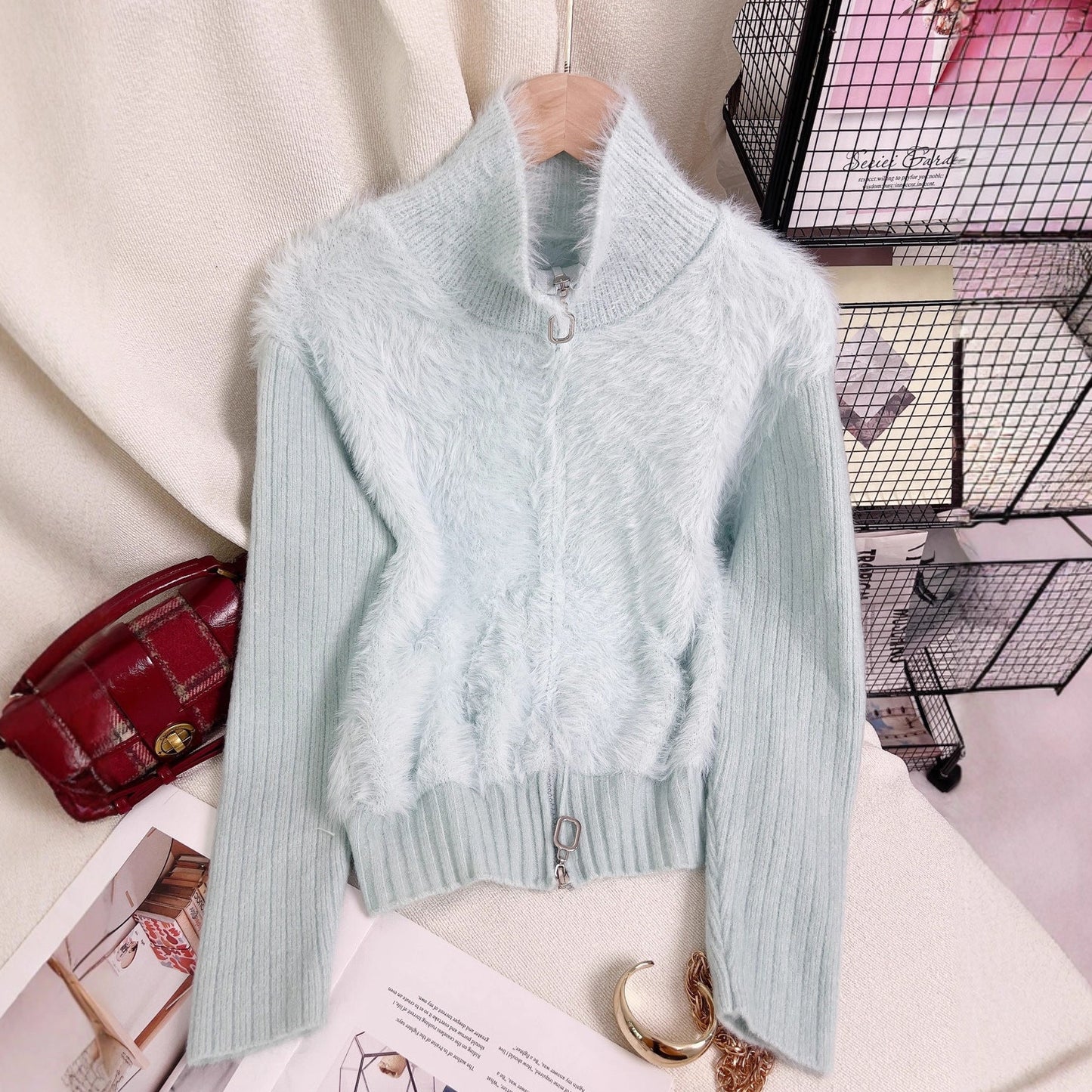 Damen Strickpullover Wärmeisolierend Hochkragen Fleece Einsätze Grau