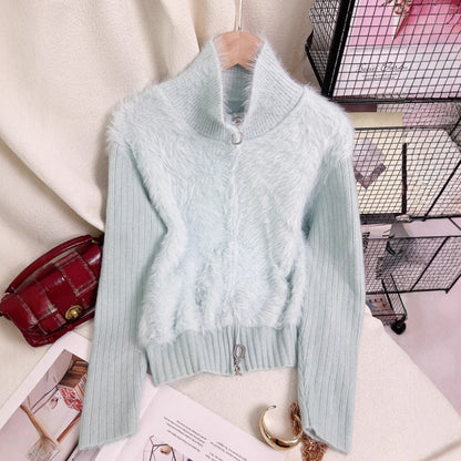 Damen Strickpullover Wärmeisolierend Hochkragen Fleece Einsätze Grau