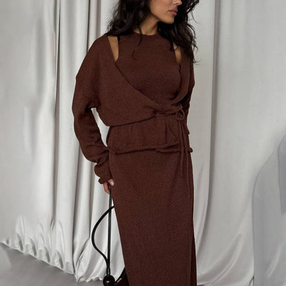 Damen Strickanzug Lang mit Bindegürtel Norvielle