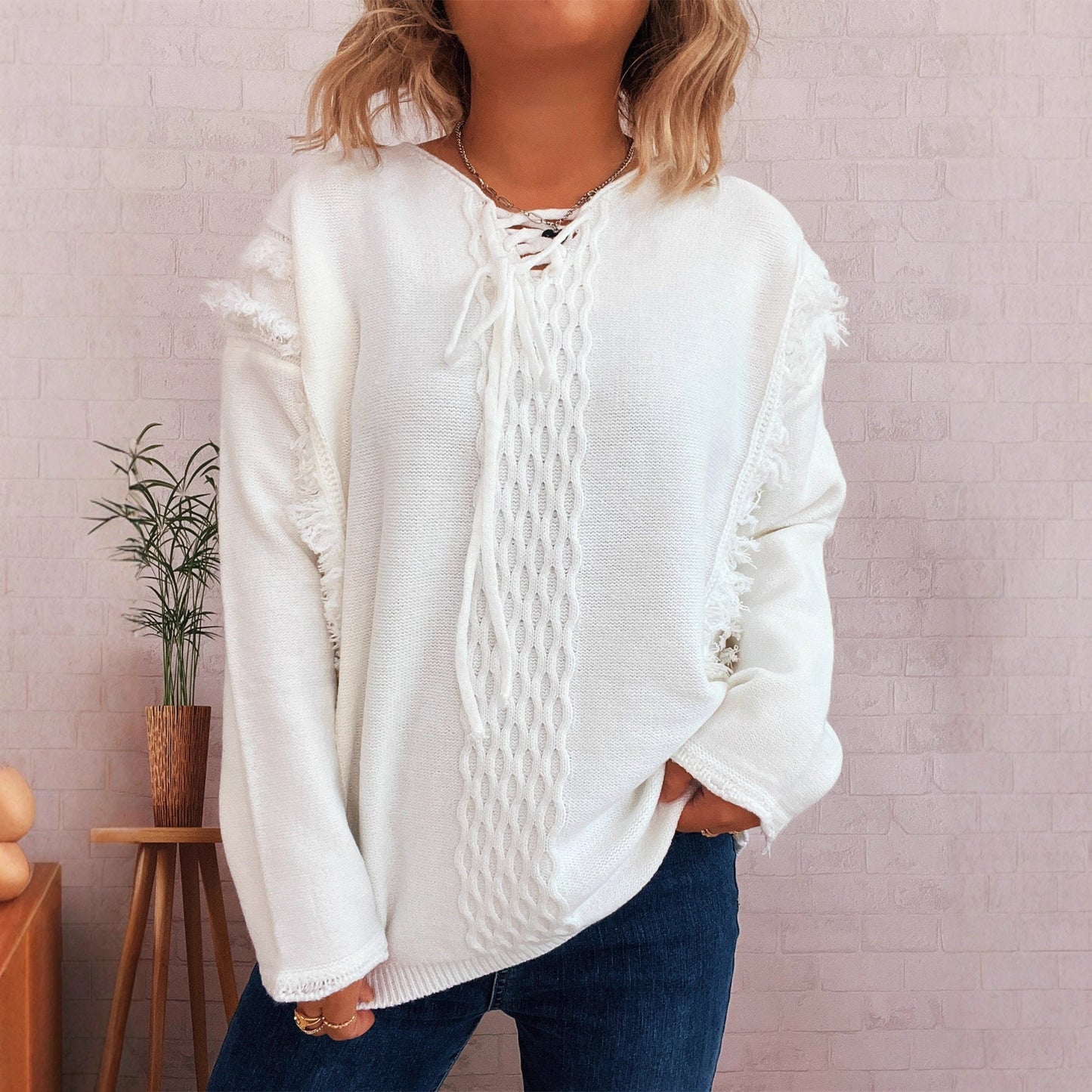 Damen Grobstrickpullover Lässige Fransen Dekorativer Zopf Norvielle - Norvielle