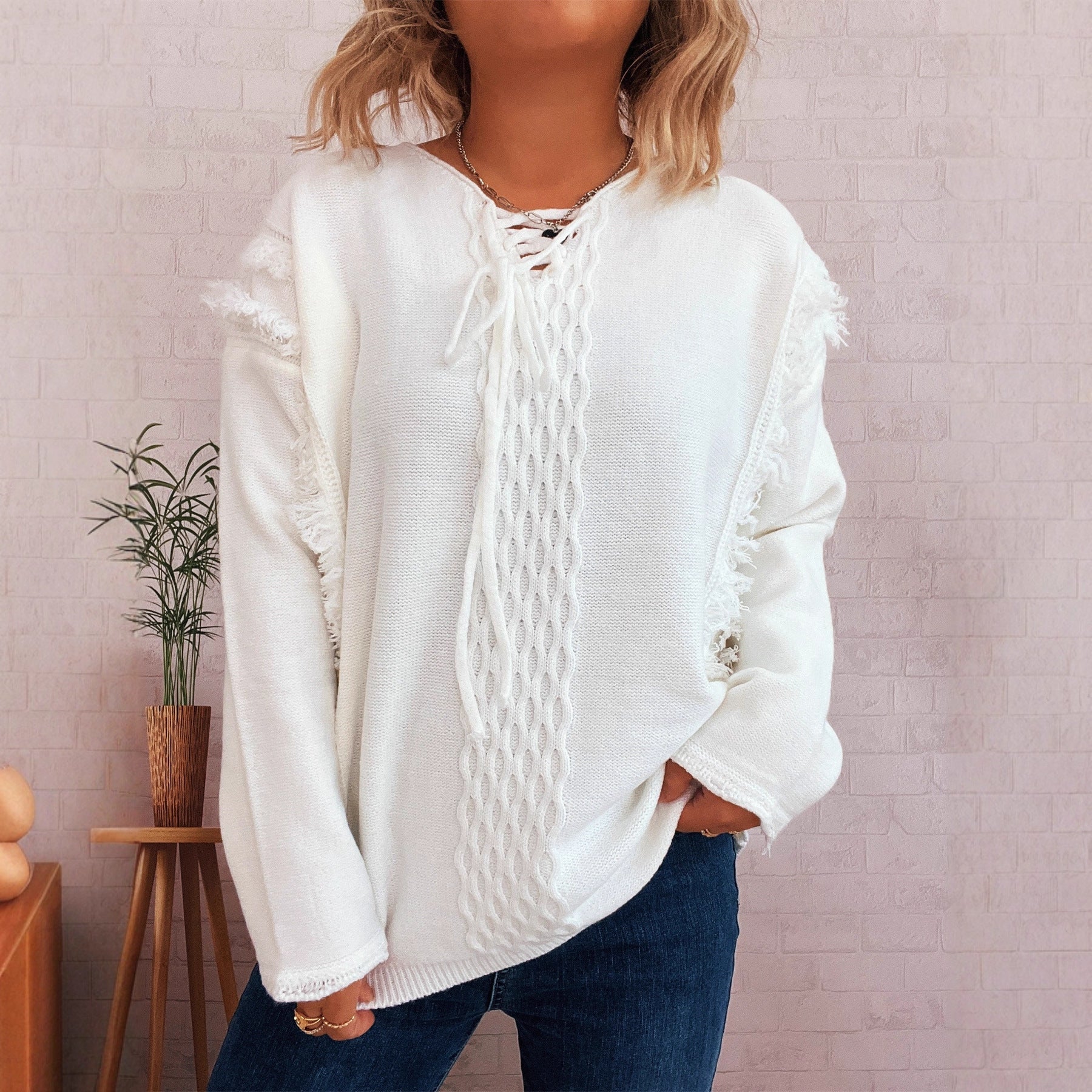 Damen Grobstrickpullover Lässige Fransen Dekorativer Zopf Norvielle - Norvielle