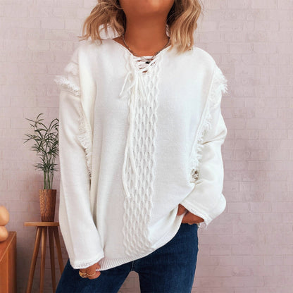 Damen Grobstrickpullover Lässige Fransen Dekorativer Zopf Norvielle - Norvielle