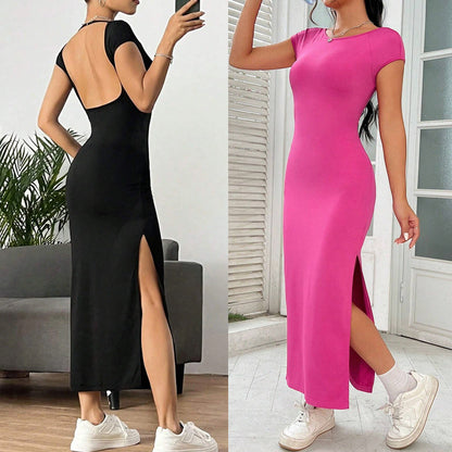 Damen Maxikleid Elastisches Jersey Rundhals Schwarz - Norvielle