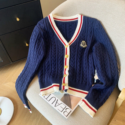 Damen Cardigan Grobstrick Dekorative Knöpfe Streifenmuster Beige
