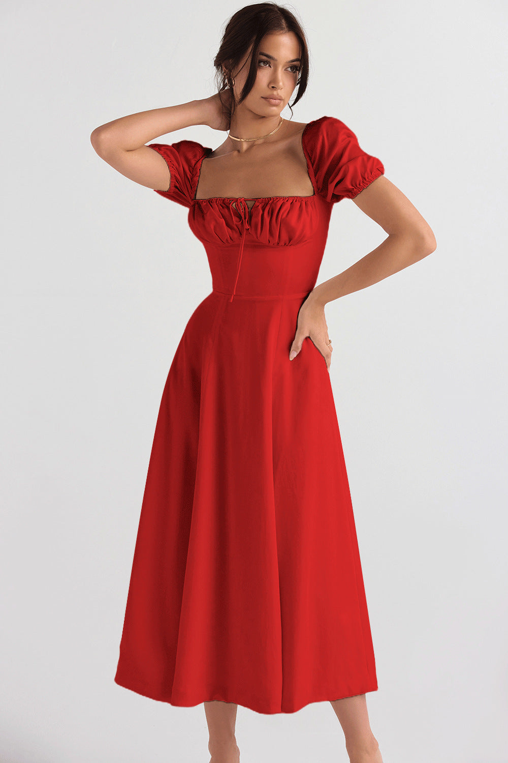 Damen Elegantes Midikleid Puffärmel Raffinierter Ausschnitt Norvielle