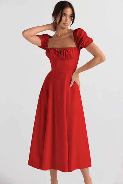 Damen Elegantes Midikleid Puffärmel Raffinierter Ausschnitt Norvielle