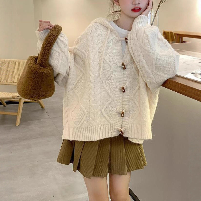 Damen Übergroße Strickjacke Kapuze Zopfmuster