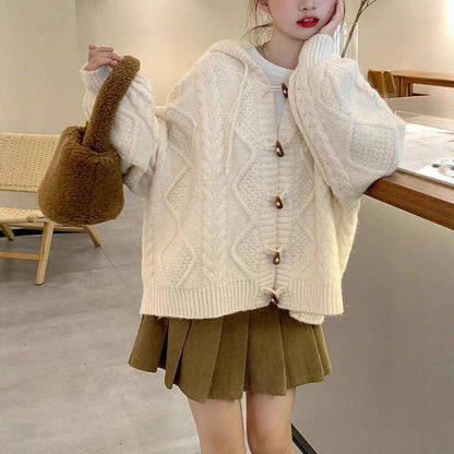 Damen Übergroße Strickjacke Kapuze Zopfmuster
