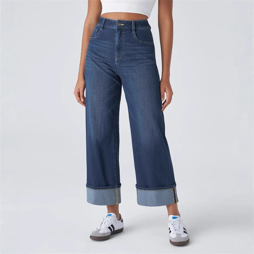 Damen Weite Denim-Hose Umschlag-Saum