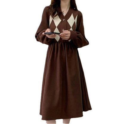 Damen Strickkleid Rautenmuster Puffärmel Norvielle