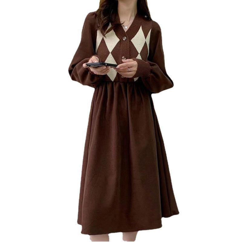 Damen Strickkleid Diamantmuster Knöpfe Norvielle