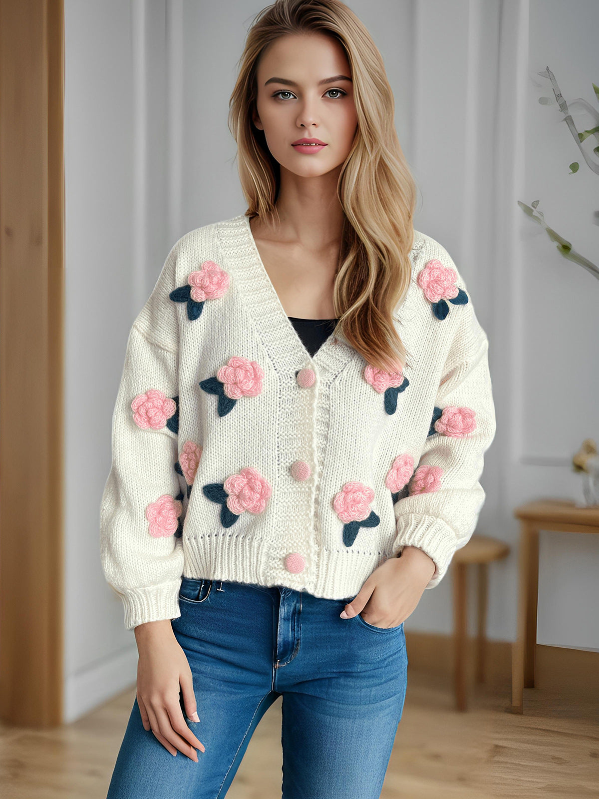 Damen Strickjacke Kuschelig Florales 3D-Design Große Knöpfe Norvielle