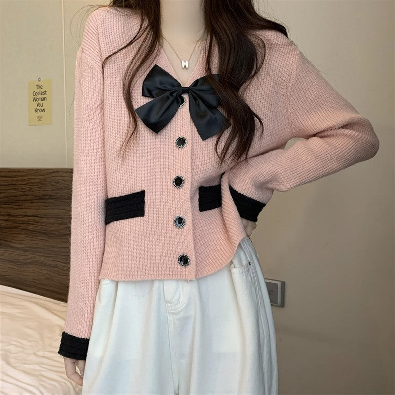 Damen Strickjacke Satinband Knöpfe Norvielle