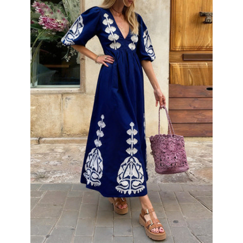 Damen Midikleid Luftige Puffärmel Florales Stickdesign