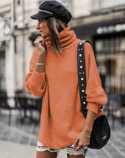 Damen Grobstrickpullover Hochkragen Elegante Knöpfe Norvielle