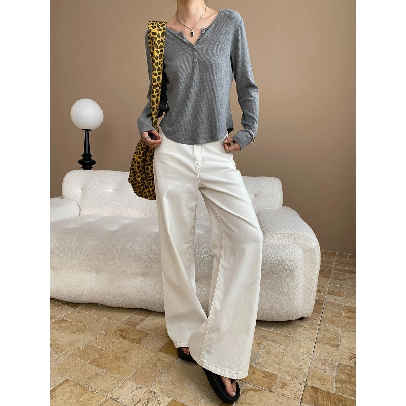 Damen Langarm-Henley-Shirt Weiches Rippmaterial Beige