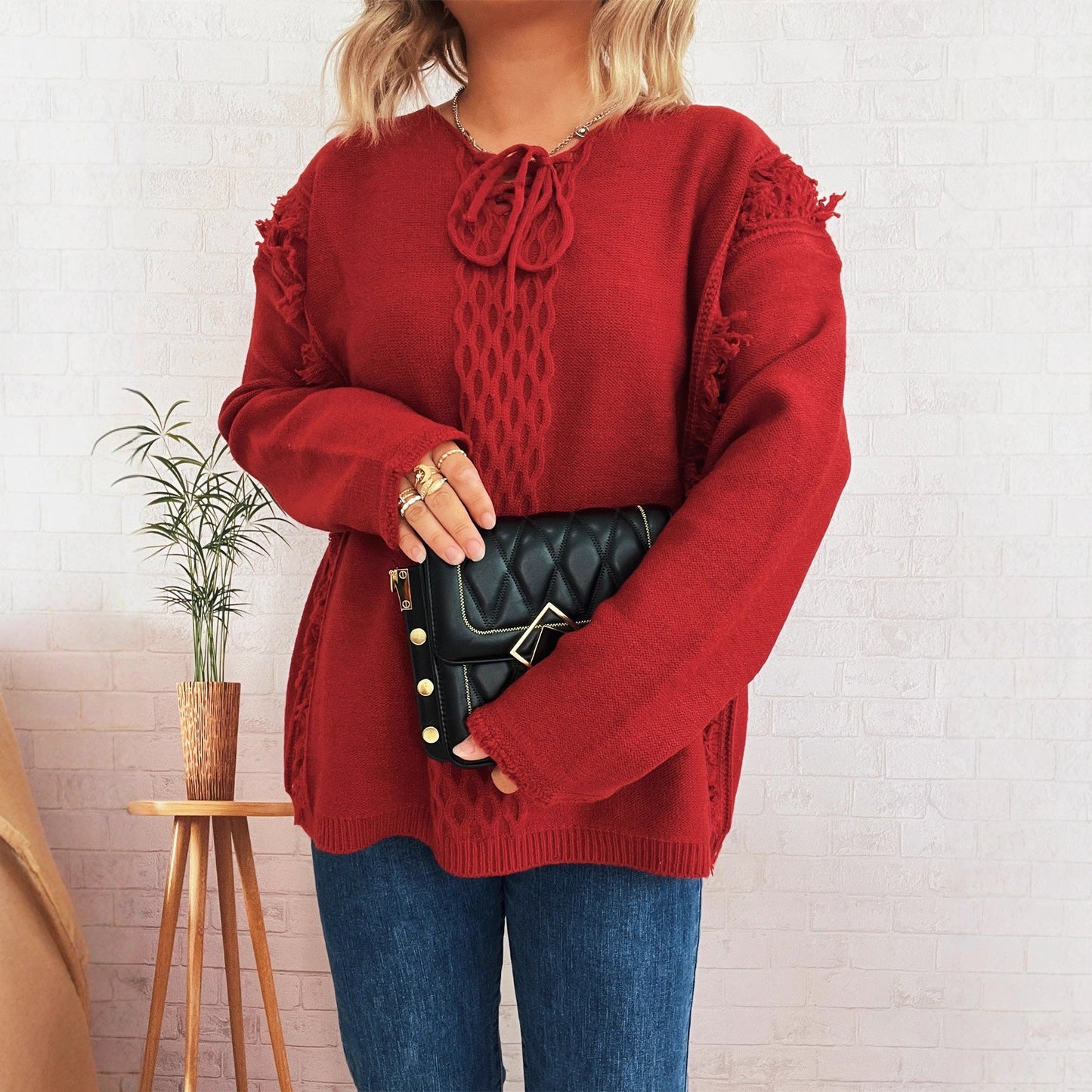 Damen Grobstrickpullover Lässige Fransen Dekorativer Zopf Norvielle