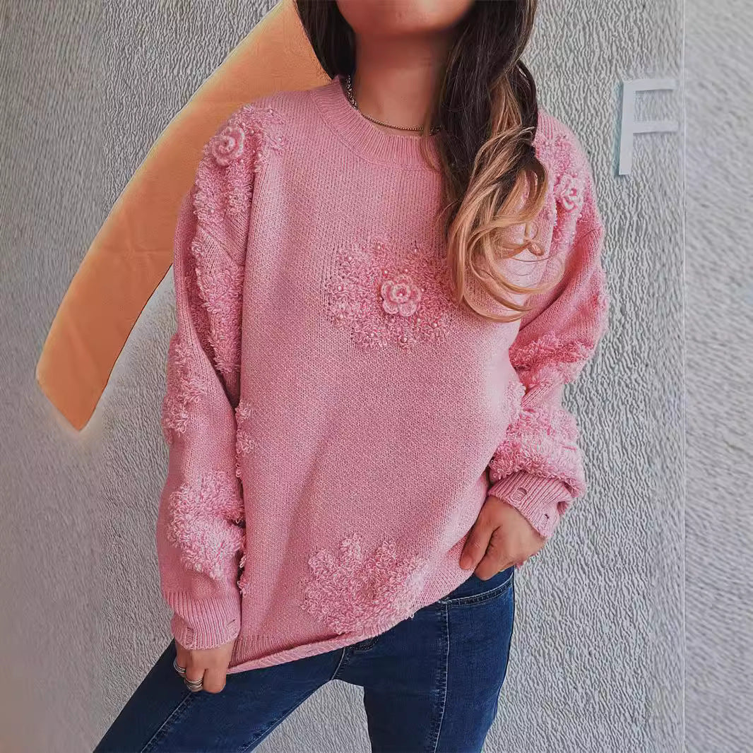 Damen Pullover mit Floralmuster Strukturiertes Strickdesign Beige