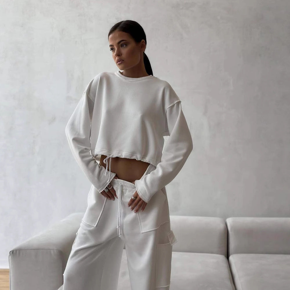 Damen Cropped Sweatshirt mit Kordelzug und weiten Ärmeln Grau - Norvielle