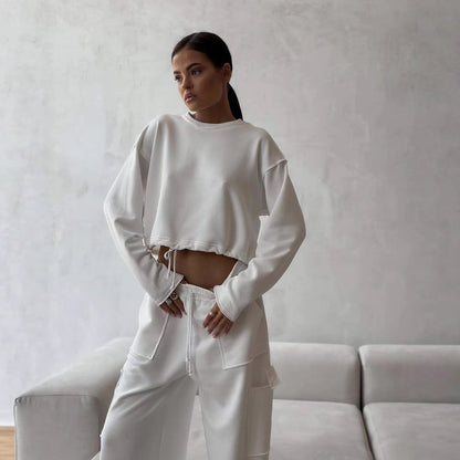 Damen Cropped Sweatshirt mit Kordelzug und weiten Ärmeln Grau - Norvielle