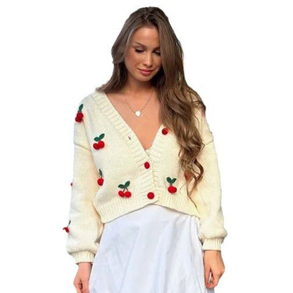 Damen Strickcardigan mit Kirschapplikationen Rosa