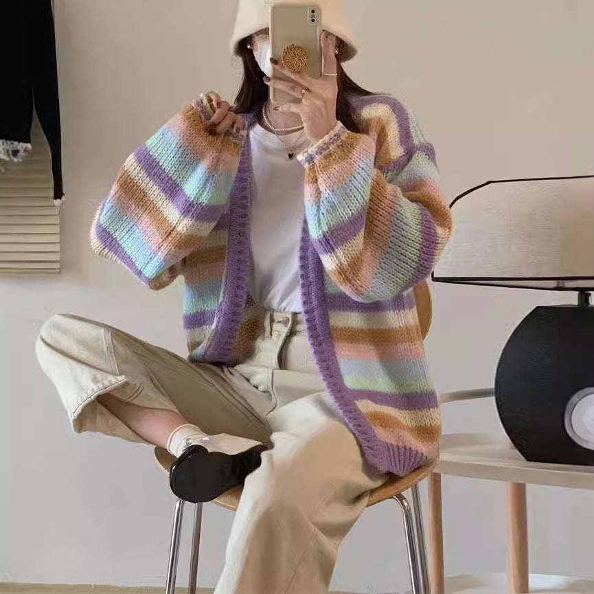 Damen Strickcardigan Bunt Streifenmuster Weite Ärmel