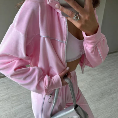 Damen Velours Joggingset Hochkragen Reißverschluss Norvielle