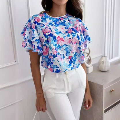Damen Bluse Voluminöse Rüschenärmel Florales Design Norvielle