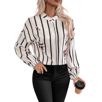 Damen Bluse Gestreift Puffärmel Elegante Stickerei