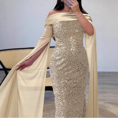 Damen Abendkleid Schulterfrei Glitzernd Langärmlig Norvielle