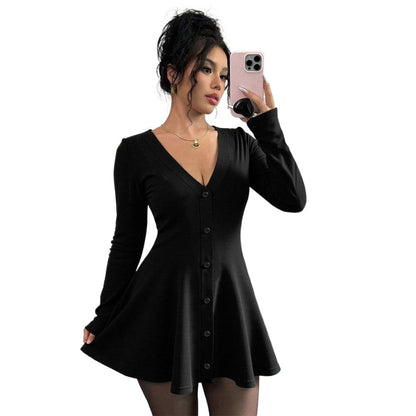 Damen Strickkleid Knielang V-Ausschnitt Knopfleiste Norvielle