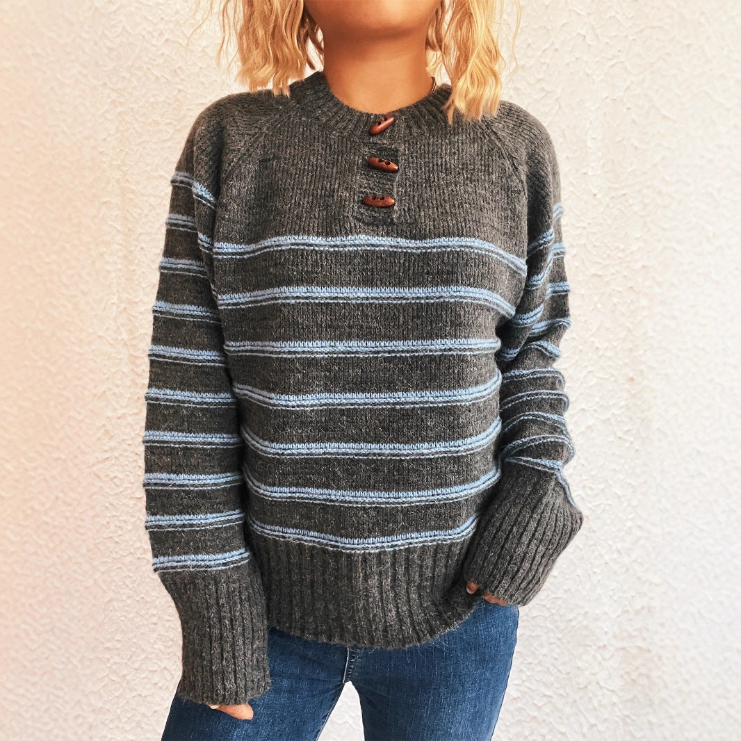 Damen Strickpullover Gemustert Knopfdetails Weiter Hals