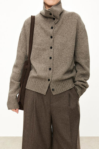 Damen Strickcardigan Hochkragen Knopfleiste Beige
