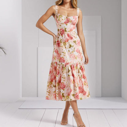 Damen Blumenkleid Rüschensaum schmale Träger Norvielle - Norvielle