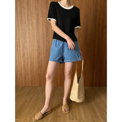 Damen Jeansshorts Elastischer Bund Weites Bein Norvielle