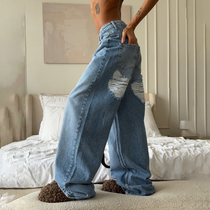 Damen Weite Jeans Destroyed Details